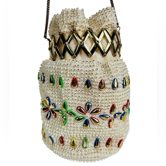 Vintage beaded & bejewelled evening bag, metal retractable closure, chain straps - Picture 4 of 13